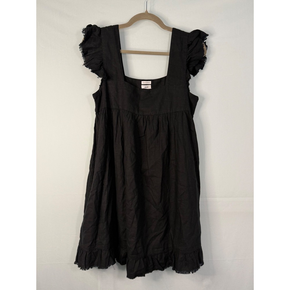 Aerie Linen Blend Ruffle Mini Babydoll Dress Womens Small Black Pockets New